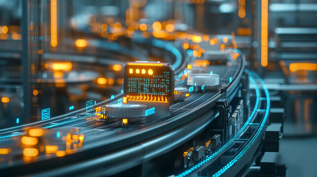 A futuristic conveyor belt with various products and data points, symbolizing the flexibility of production processes and fast market adaptation. 