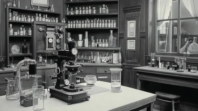 A microscope sits on a table in a laboratory, surrounded by beakers and other scientific equipment
