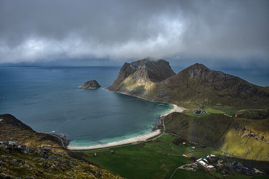 Aerial view of beaches at Vik and Haukland, Vestvagoy, Lofoten, Lofoten and Vesteral Islands, Nordland, Norway