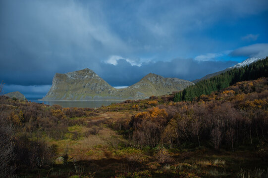 Aerial view towards Mt Mannen and Mt Veggen, Lofoten, Lofoten and Vesteral Islands, Nordland, Norway