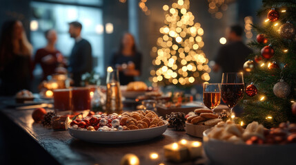 Christmas holiday party with people gathered around a decorated table with festive snacks, drinks, and Christmas tree
