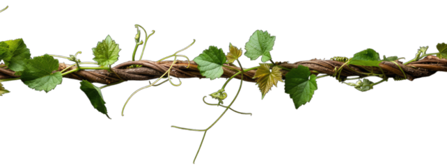 A twisting vine with lush green leaves composition on transparent background, PNG, design element, macro view close up Generative AI