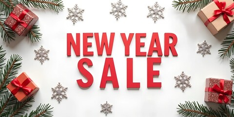 Festive New Year Sale Banner with Gifts and Greenery

