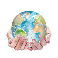 Planet Earth in human hands painted watercolor illustration isolated on white background