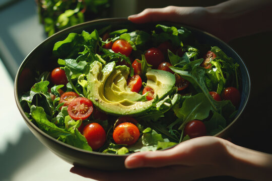 A person holding a bowl of salad with fresh greens, cherry tomatoes, and avocado, close-up of hands, soft natural light, health-focused atmosphere, vibrant colors, minimalist background