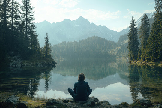 A person sitting by a mountain lake, deep in thought, surrounded by mountains and pine trees, clear reflections on the water, soft natural lighting, calm and reflective mood, minimalist scene