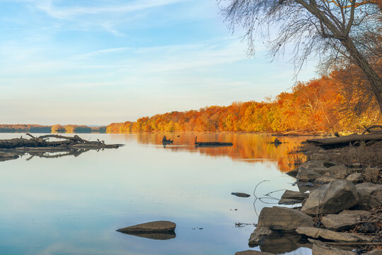 Potomac river at autumn sunrise. Lock 23 of Chesapeake and Ohio Canal National Historical Park