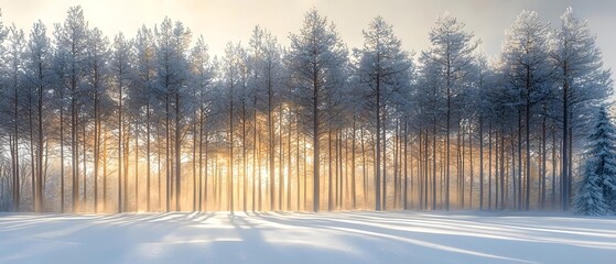 Obraz premium A breathtaking winter landscape featuring tall pine trees dusted with snow, illuminated by the soft golden light of sunrise, creating a serene and magical atmosphere.
