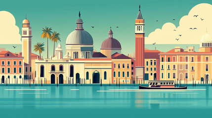 Flat vector illustration of the cityscape of Venice, Italy, featuring palaces and canals, with simple shapes, flat colors, and clean lines