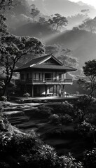 Fototapeta premium Black and White Scenic View of a Wooden House in a Misty Hillside