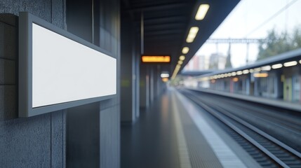 Blank banner hanging at a train station, ready for custom messages or ads. Platform and tracks visible in background.