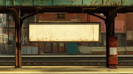 Fototapeta premium Blank banner hanging at a train station, ready for custom messages or ads. Platform and tracks visible in background.