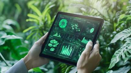 Hands holding tablet displaying green data visualizations in nature