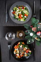 Christmas dinner salad on the table in a restaurant close-up