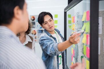 Group of young Asian professionals collaborating presentation project meeting in a modern office. Brainstorming innovative ideas for a new business venture.