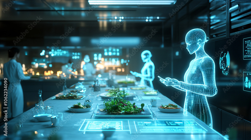 Aufkleber a futuristic restaurant setting with holographic waiters serving dishes based on real-time customer 