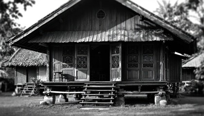 Black and White View of a Traditional Wooden Stilt House
