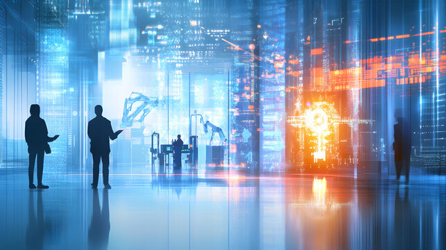 Innovative engineers collaborating in futuristic tech environment