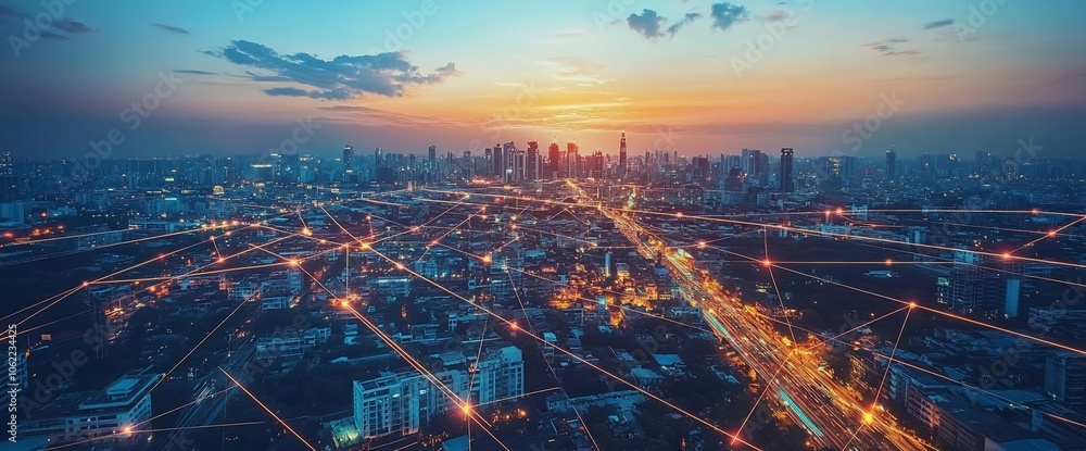 Poster an aerial view of a city at sunset with glowing lines connecting buildings, representing a network.