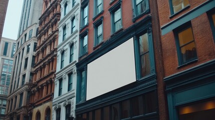 Obraz premium Blank banner on the side of a classic building, ready for advertisement or text customization. Historic architecture offers elegance.