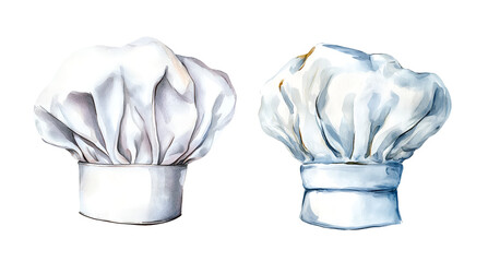 White culinary chef hat, watercolor clipart illustration with isolated background.