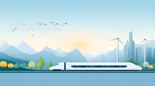 Futuristic train traveling through scenic landscape with renewable energy