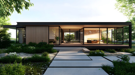 Modern energy efficient home with large windows and natural surroundings