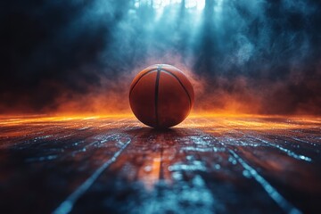 A basketball resting on a dark wooden court illuminated by dramatic lighting effects