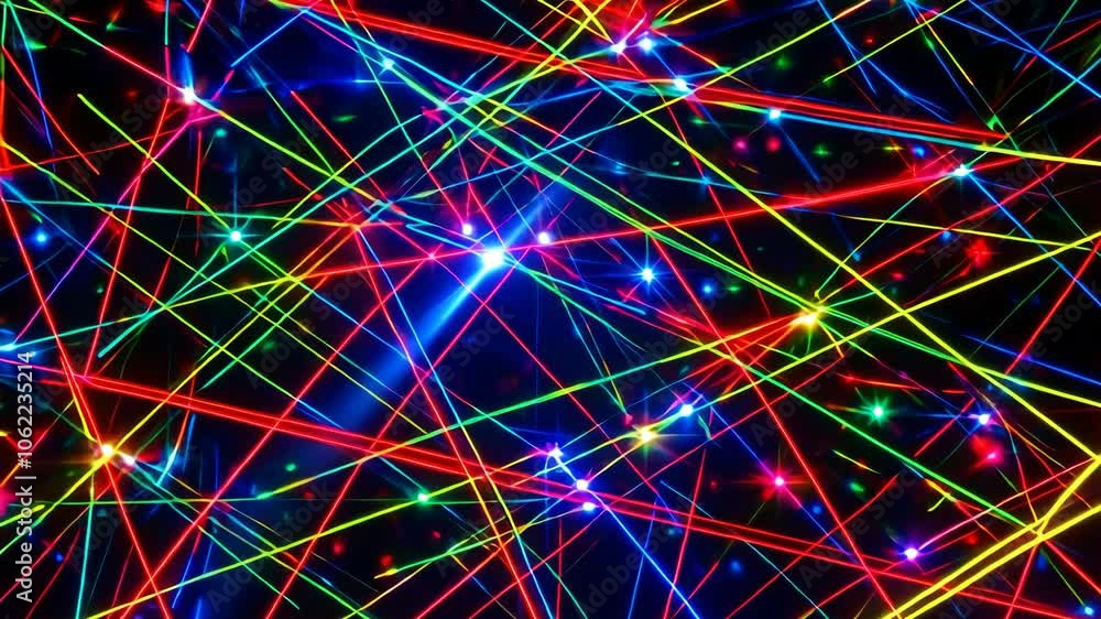 Poster colorful laser beams intersect in a dark room, creating a mesmerizing display of light and color