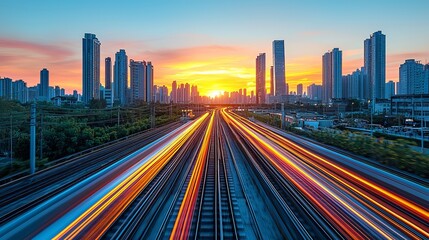 Dynamic Cityscape at Sunset with Light Trails Across Urban Skyline