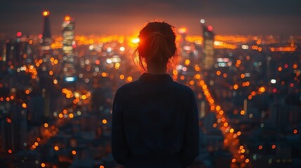 Silhouette of Woman Overlooking Vibrant City Skyline at Sunset