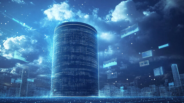 A futuristic silo surrounded by data clouds, representing efficient storage solutions and rapid adjustments to inventory based on market trends. 