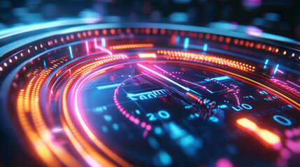 A futuristic speedometer glowing with neon colors, showing a business accelerating towards market adaptation and rapid decision-making. 