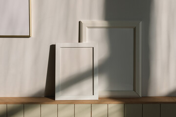 Close-up of blank picture frames in the sunlight on a shelf in a living room