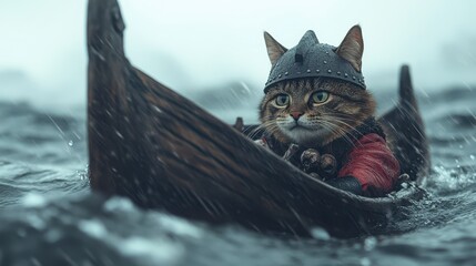A brave cat in a Viking helmet navigating stormy waters in a wooden boat during a rainy day