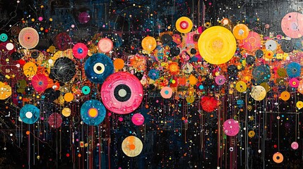 Vibrant Abstract Art – Colorful Circular Patterns on Black Canvas