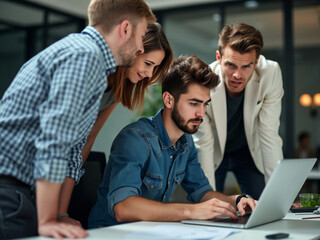 Startup business team brainstorming new project ideas on laptop in office