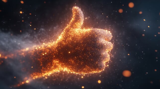 A glowing hand giving a thumbs up in a dark setting, illuminated by shimmering particles at night
