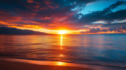 Vibrant sunset over calm ocean with reflecting light, cloudscape.
