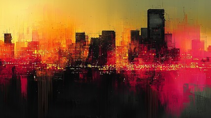 Abstract Urban Skyline at Sunset with Vibrant Colors and Futuristic Design