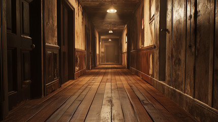 Dimly Lit Old Wooden Corridor in Abandoned Building