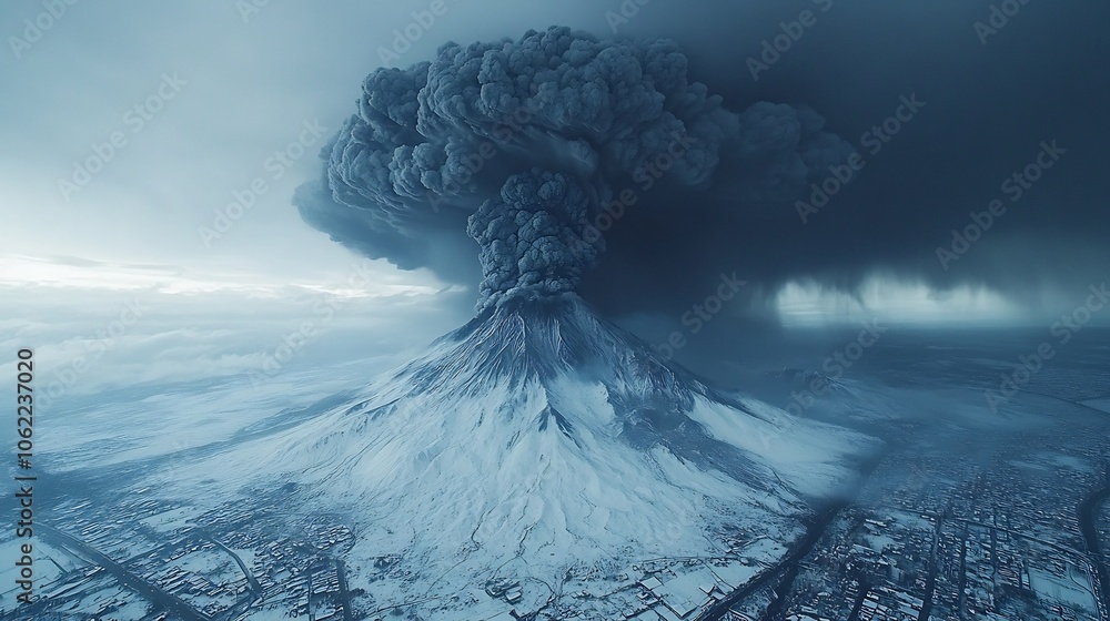Poster volcanic eruptions releasing massive ash clouds into atmosphere lowering global temperatures creatin