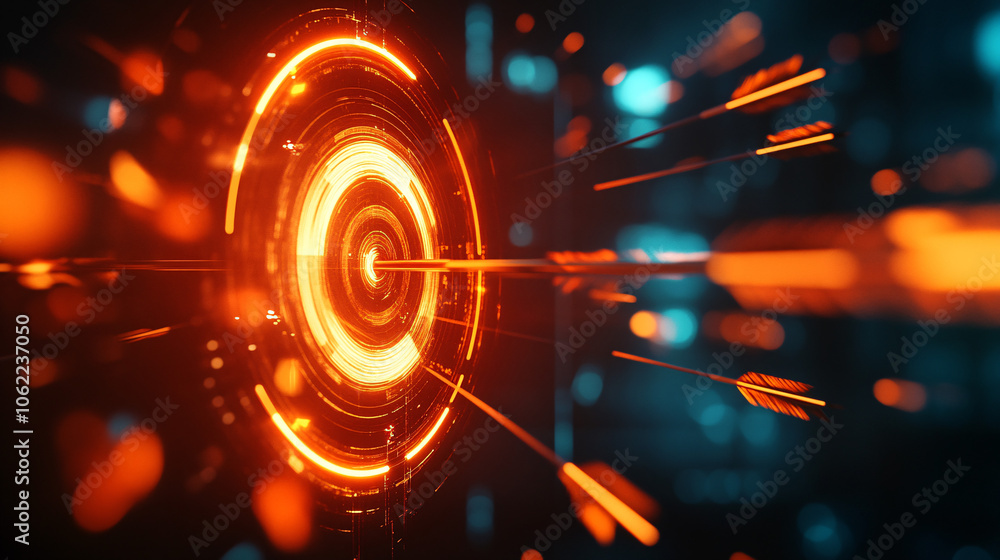 Aufkleber a glowing bullseye with multiple arrows hitting the target from different directions, symbolizing a 