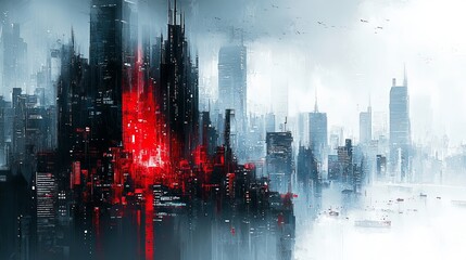 Futuristic Cityscape with Red Glowing Metropolis Amid Misty Skyscrapers