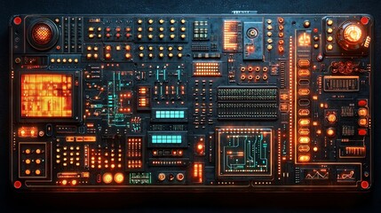 Futuristic Control Panel with Glowing Lights and Interactive Digital Interfaces