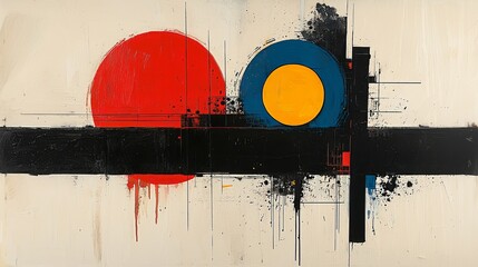 Abstract Geometric Art with Bold Red Circle and Blue Yellow Elements on Textured Canvas