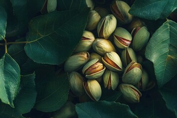 Fresh Pistachios with Shells Among Green Leaves