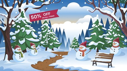 Snowy Winter Wonderland with Snowmen and a Bench
