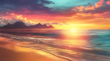 Vibrant sunset over the ocean with mountain silhouettes on the horizon.