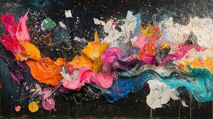 Vibrant Abstract Color Explosion on Dark Canvas: Contemporary Paint Splatter Art